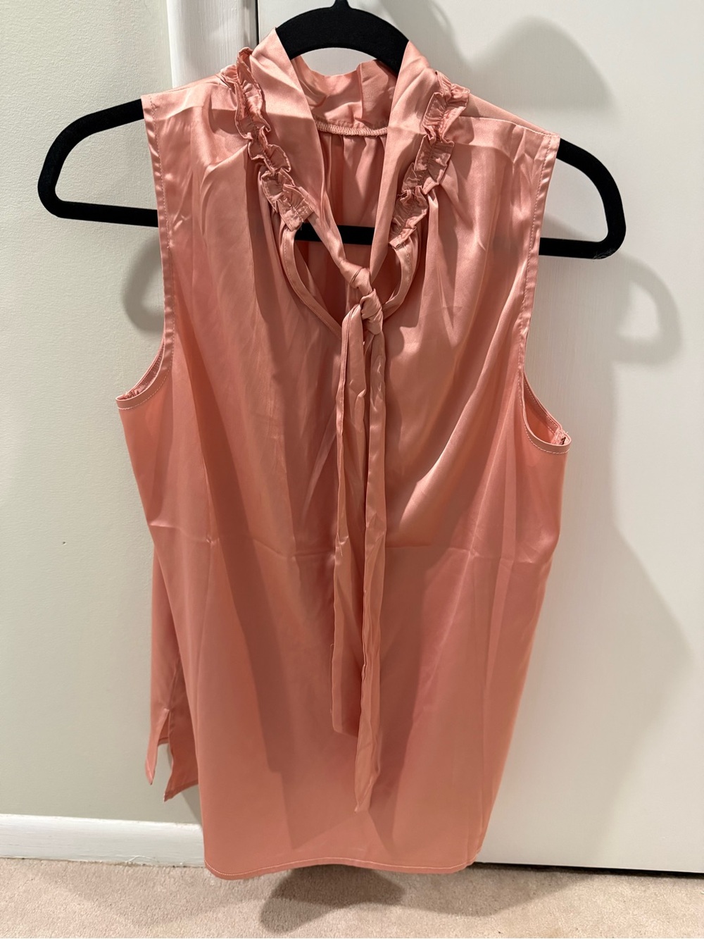Doe & Rae Sleeveless Ruffle Tie-Neck Blouse — Peach Pink
